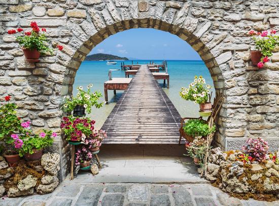 Fotobox-Hintergrund Meeresblick durch ein Steinbogen in Italien als Textilbanner oder PVC-Banner z.B. für Hochzeiten