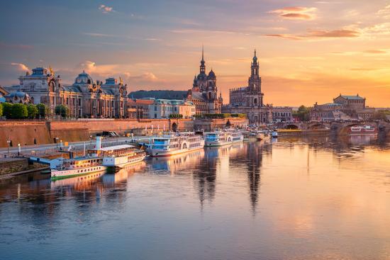 Fototapete Sonnenuntergang in Dresden an der Elbe als Textilbanner oder PVC-Banner für Hochzeiten, Partys etc.