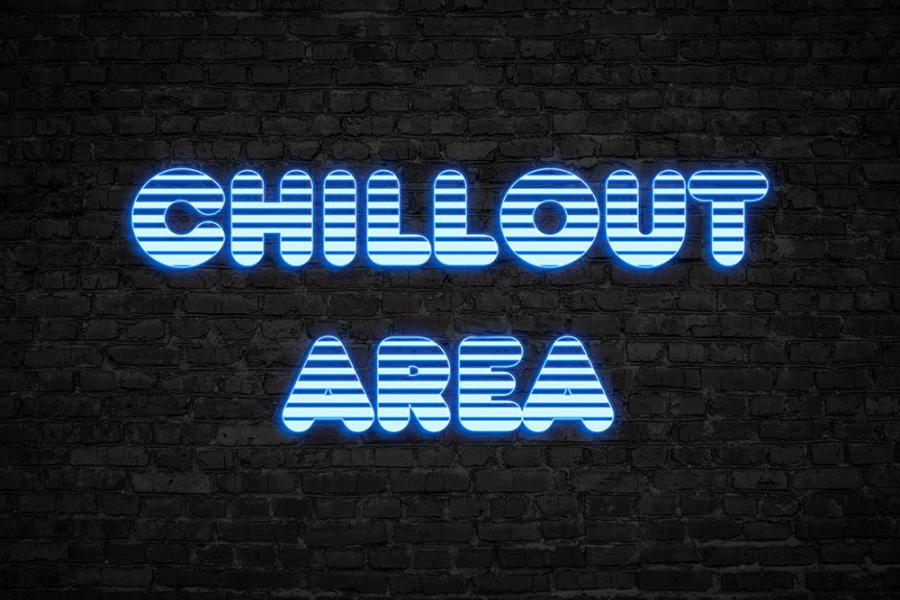 Banner Chillout Area blauer futuristischer Schrift auf dunklem Hintergrund als Textilbanner oder PVC-Banner