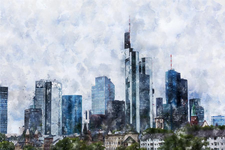 Banner Frankfurt Skyline in Aquarellfarben als Textilbanner oder PVC-Banner für Firmenveranstaltungen I Geschäftsräume etc.