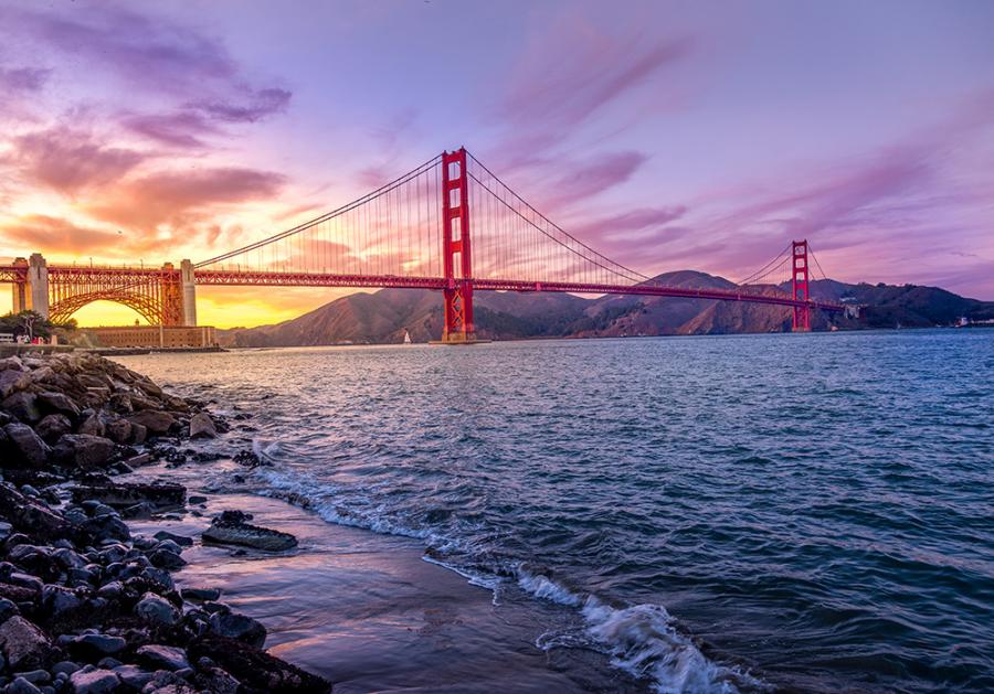 Banner Golden Gate Bridge in der Dämmerung als Textilbanner oder PVC-Banner für Hochzeiten, Partys, Schaufenster etc.