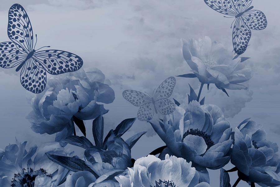 Floraler Banner mit Pingstrosen und Schmetterlingen als Textilbanner oder PVC-Banner