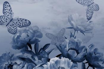 Floraler Banner mit Pingstrosen und Schmetterlingen als Textilbanner oder PVC-Banner