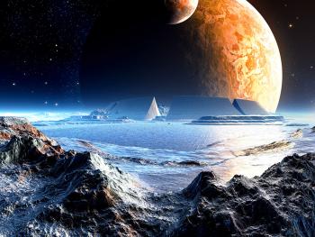 Banner Science-Fiction-Planet mit einer Arena von Außerirdischen als Textilbanner oder PVC-Banner